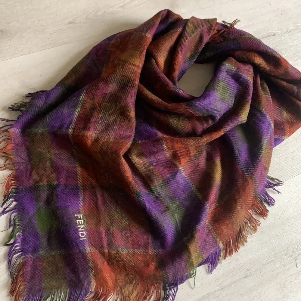 Authentic FENDI scarf wrap blanket fringe‎ plaid logo oversized luxury purple